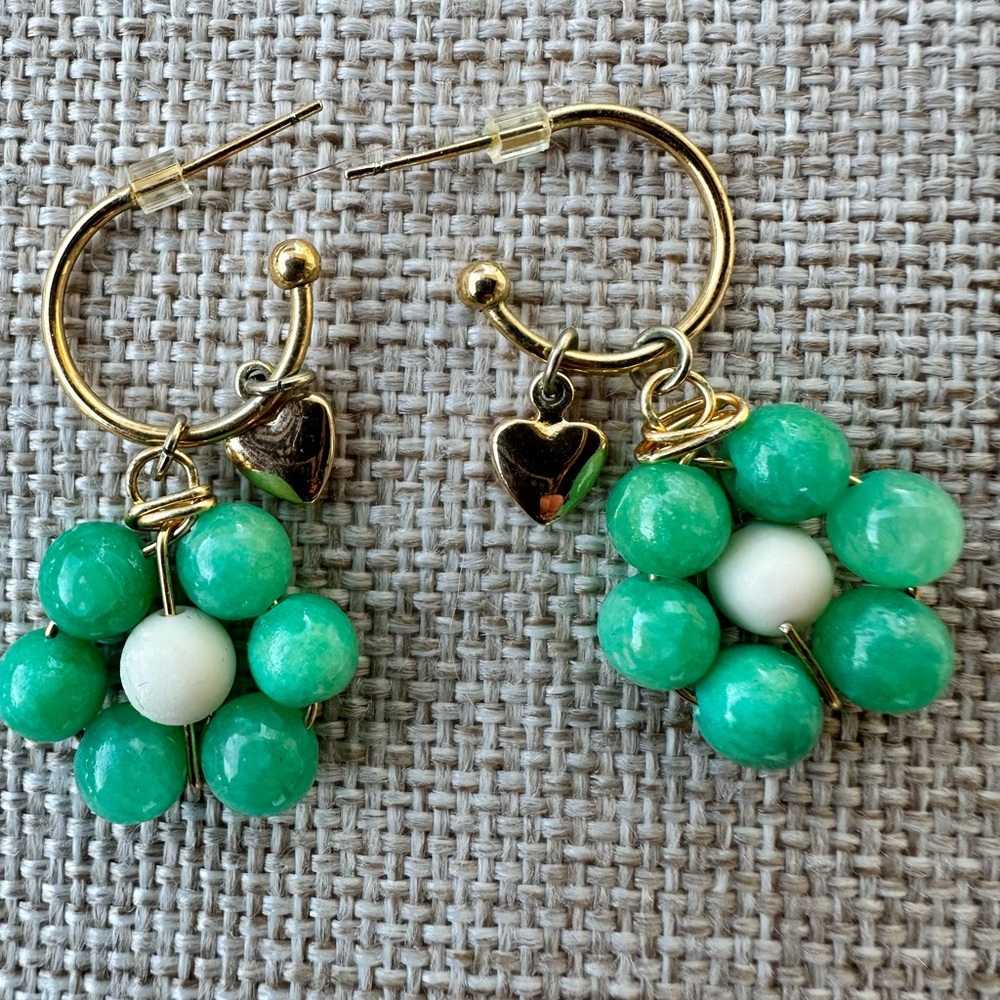 Gold and Green Beaded Hoop Earrings